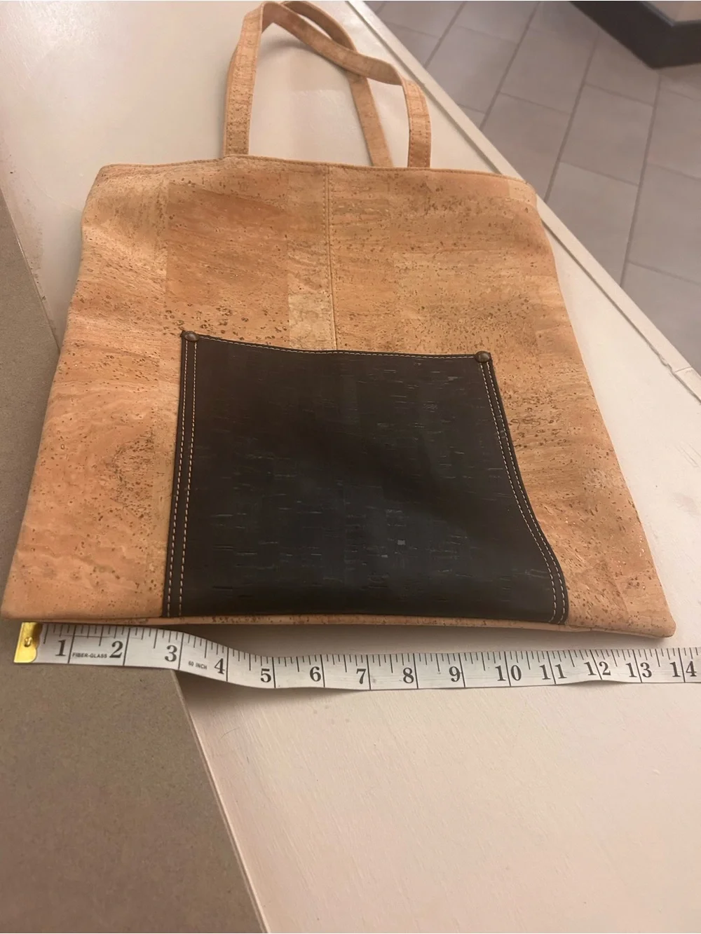 Bag Natural Cork Tote w/Black Front Pocket -Sustainable Everyday CarryA1 shape